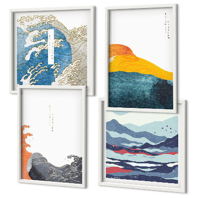 Ensemble de 4 tableaux Vagues, graphisme japonais