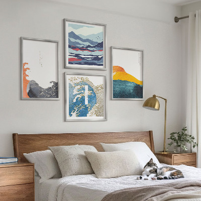 Ensemble de 4 tableaux Vagues, graphisme japonais