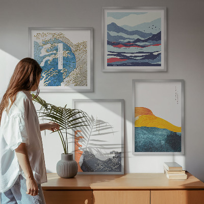 Ensemble de 4 tableaux Vagues, graphisme japonais