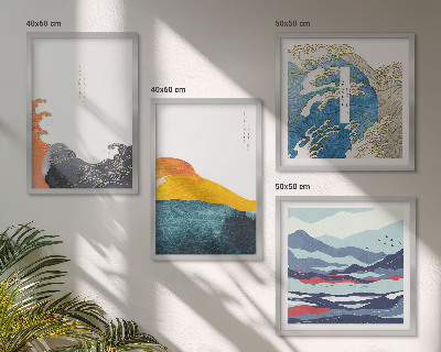 Ensemble de 4 tableaux Vagues, graphisme japonais