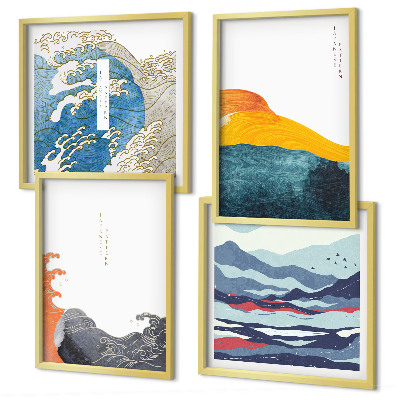 Ensemble de 4 tableaux Vagues, graphisme japonais