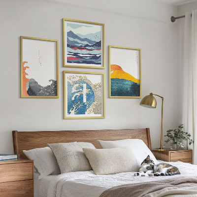 Ensemble de 4 tableaux Vagues, graphisme japonais
