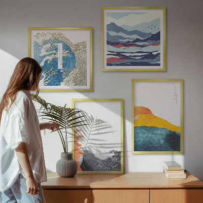 Ensemble de 4 tableaux Vagues, graphisme japonais