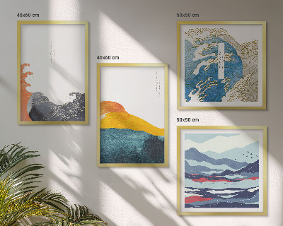 Ensemble de 4 tableaux Vagues, graphisme japonais