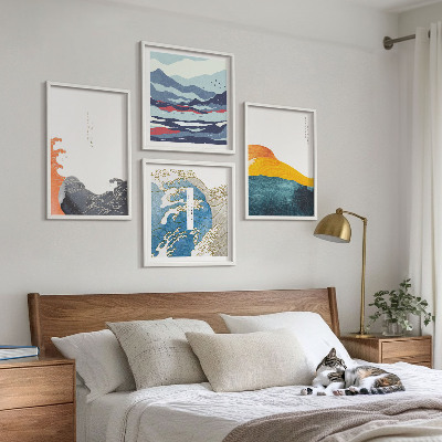 Ensemble de 4 tableaux Vagues, graphisme japonais