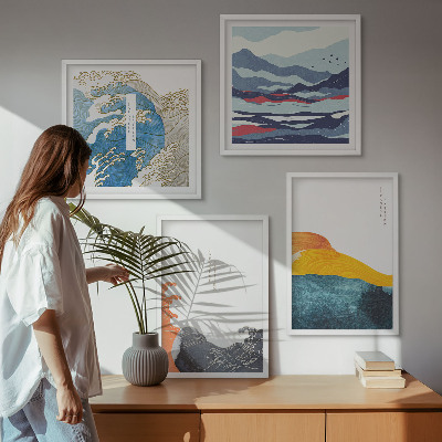 Ensemble de 4 tableaux Vagues, graphisme japonais