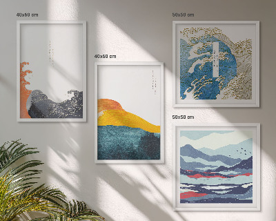 Ensemble de 4 tableaux Vagues, graphisme japonais