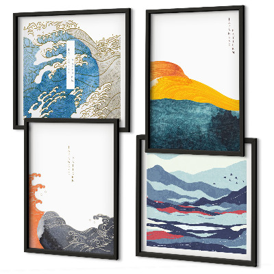 Ensemble de 4 tableaux Vagues, graphisme japonais