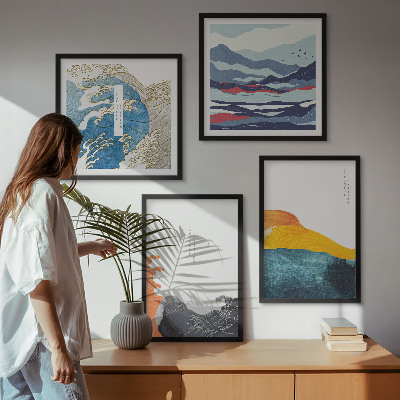 Ensemble de 4 tableaux Vagues, graphisme japonais