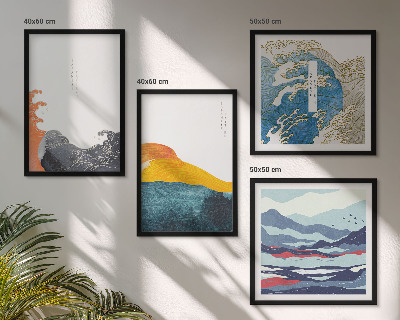 Ensemble de 4 tableaux Vagues, graphisme japonais