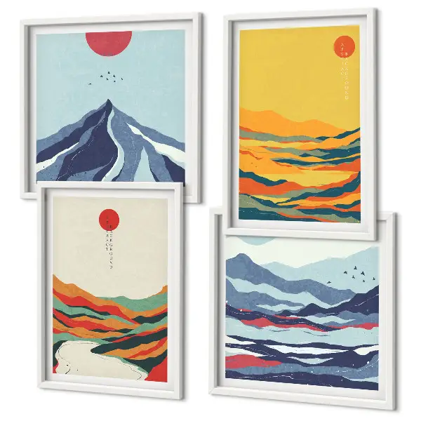 Ensemble de 4 tableaux représentant des montagnes fluviales abstraites et colorées