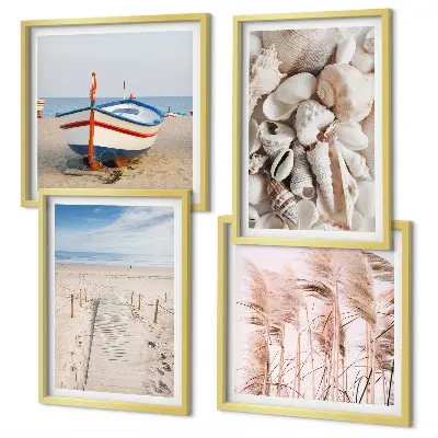 Mur de tableaux plage avec bateau, coquillages et herbe style bohème