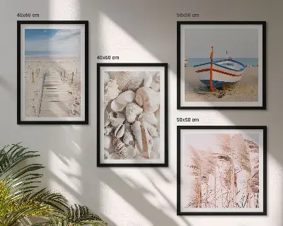 Mur de tableaux plage avec bateau, coquillages et herbe style bohème
