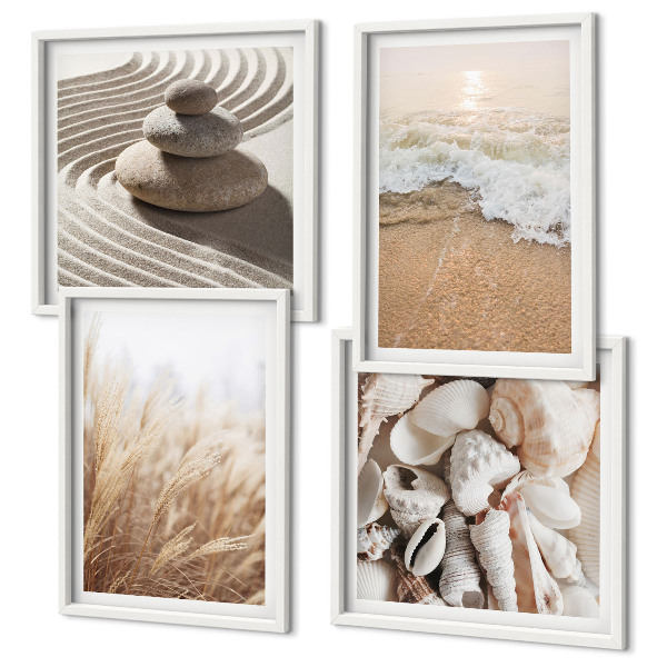 Ensemble de 4 tableaux Motifs de plage, coquillages, vagues