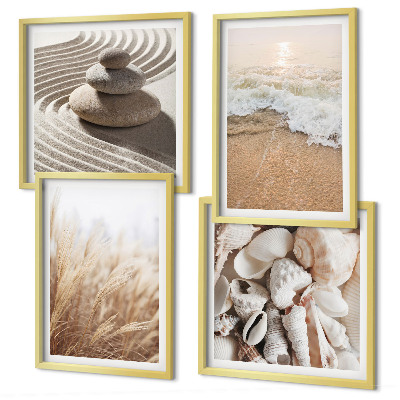 Ensemble de 4 tableaux Motifs de plage, coquillages, vagues