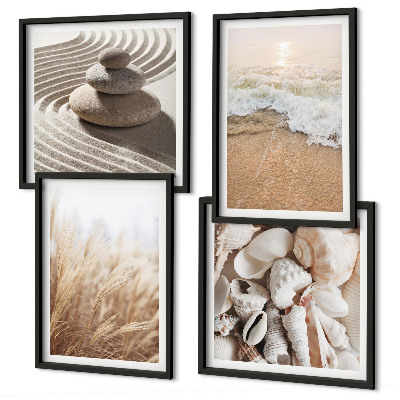 Ensemble de 4 tableaux Motifs de plage, coquillages, vagues