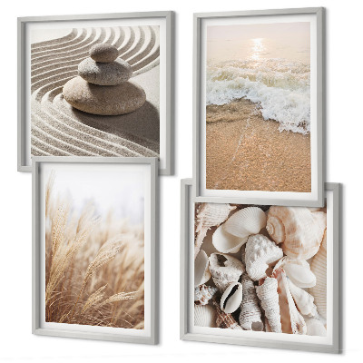 Ensemble de 4 tableaux Motifs de plage, coquillages, vagues