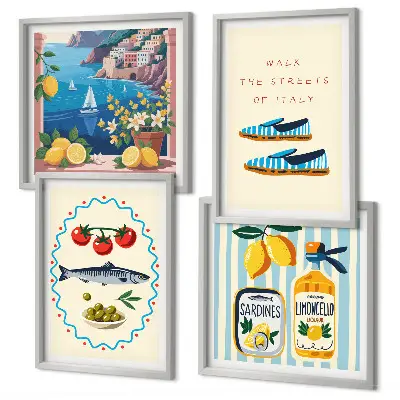 Ensemble de 4 tableaux images colorées sur le thème des saveurs italiennes