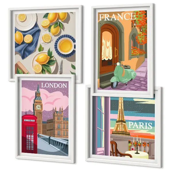 Mur de tableaux paysages urbains de Paris et Londres