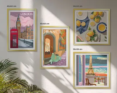 Mur de tableaux paysages urbains de Paris et Londres