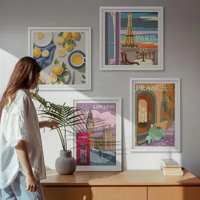 Mur de tableaux paysages urbains de Paris et Londres
