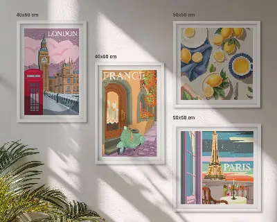 Mur de tableaux paysages urbains de Paris et Londres