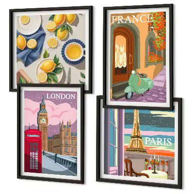 Mur de tableaux paysages urbains de Paris et Londres