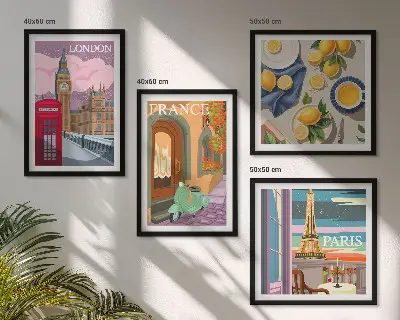 Mur de tableaux paysages urbains de Paris et Londres