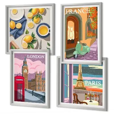 Mur de tableaux paysages urbains de Paris et Londres