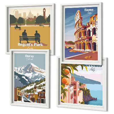 Ensemble de 4 tableaux Illustrations rétro de lieux célèbres