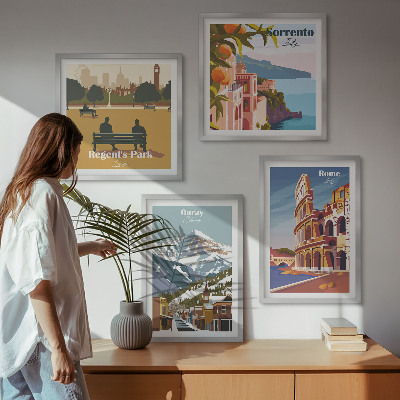 Ensemble de 4 tableaux Illustrations rétro de lieux célèbres