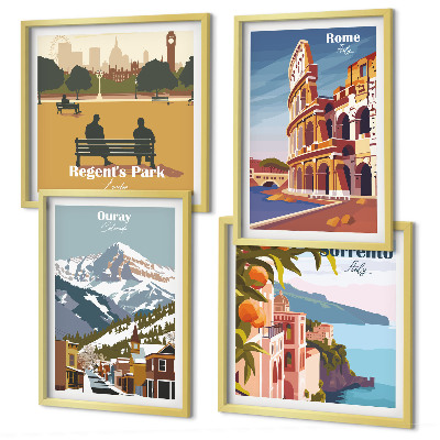 Ensemble de 4 tableaux Illustrations rétro de lieux célèbres
