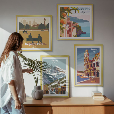 Ensemble de 4 tableaux Illustrations rétro de lieux célèbres