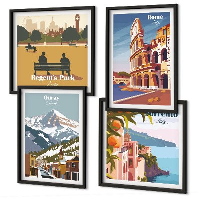 Ensemble de 4 tableaux Illustrations rétro de lieux célèbres