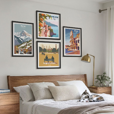 Ensemble de 4 tableaux Illustrations rétro de lieux célèbres