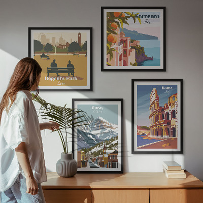 Ensemble de 4 tableaux Illustrations rétro de lieux célèbres