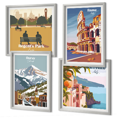 Ensemble de 4 tableaux Illustrations rétro de lieux célèbres
