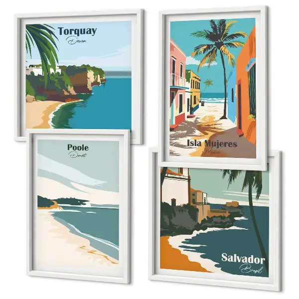 Tableau polyptyque de 5 cadres représentant des plages tropicales et des palmiers