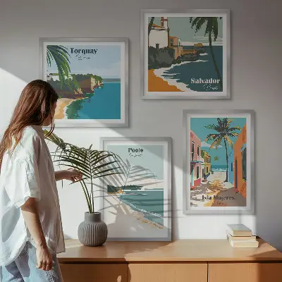 Tableau polyptyque de 5 cadres représentant des plages tropicales et des palmiers