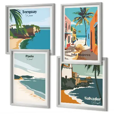 Tableau polyptyque de 5 cadres représentant des plages tropicales et des palmiers