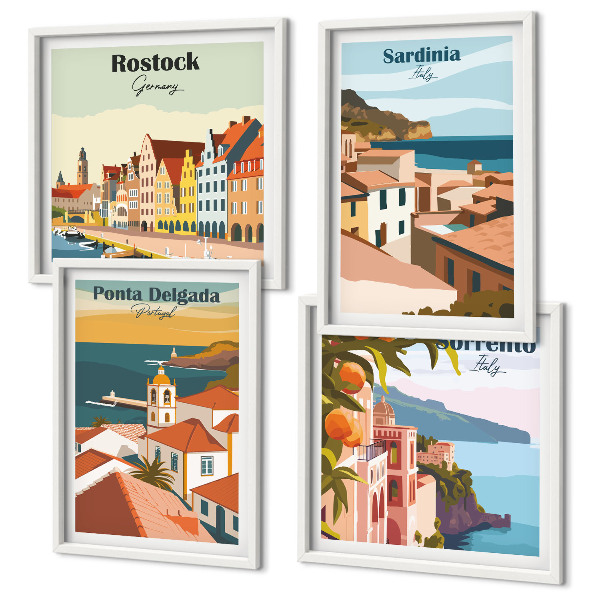 Ensemble de 4 tableaux Vues des ports européens