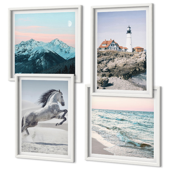 Ensemble de 4 tableaux Chevaux, mouvement, plage, phare, montagnes