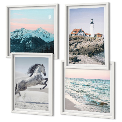 Ensemble de 4 tableaux Chevaux, mouvement, plage, phare, montagnes