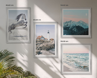 Ensemble de 4 tableaux Chevaux, mouvement, plage, phare, montagnes