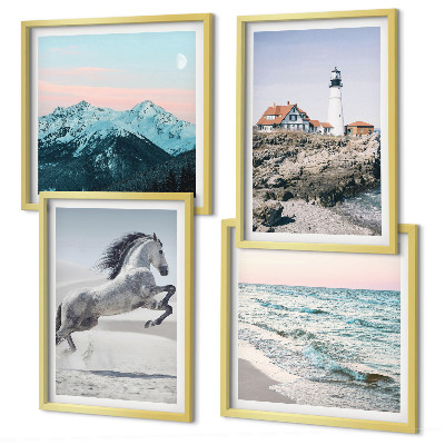 Ensemble de 4 tableaux Chevaux, mouvement, plage, phare, montagnes