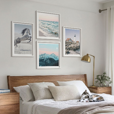 Ensemble de 4 tableaux Chevaux, mouvement, plage, phare, montagnes