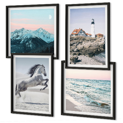 Ensemble de 4 tableaux Chevaux, mouvement, plage, phare, montagnes