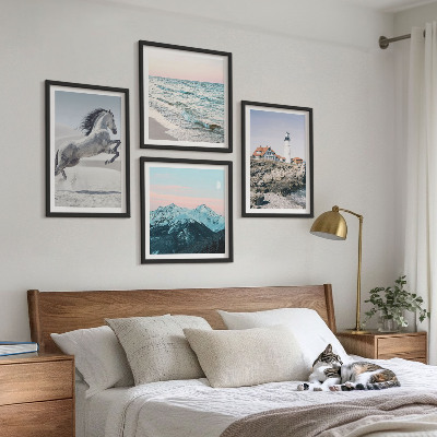 Ensemble de 4 tableaux Chevaux, mouvement, plage, phare, montagnes