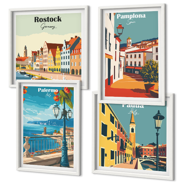 Ensemble de 4 tableaux Illustrations rétro de villes
