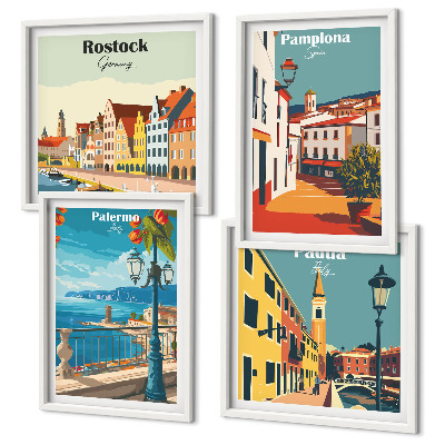 Ensemble de 4 tableaux Illustrations rétro de villes